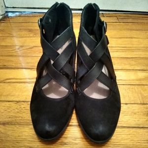 WOMEN'S EARTH AMBER BLACK LEATHER BOOTIES, SZ. 10